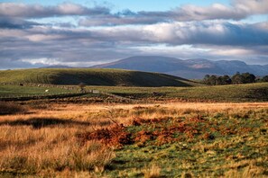 A rural landscape with rolling hills, a fenced field, and distant mountains. - 2 Bed in Castle Douglas (oc-d667017) (Balmaclellan)
