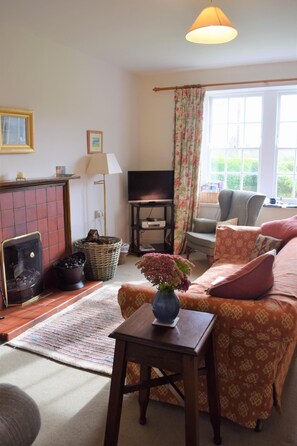 A living room with a fireplace, a television, a sofa, and a window with curtains. - 3 Bed in Gatehouse Of Fleet (oc-d546351) (Gatehouse of Fleet)