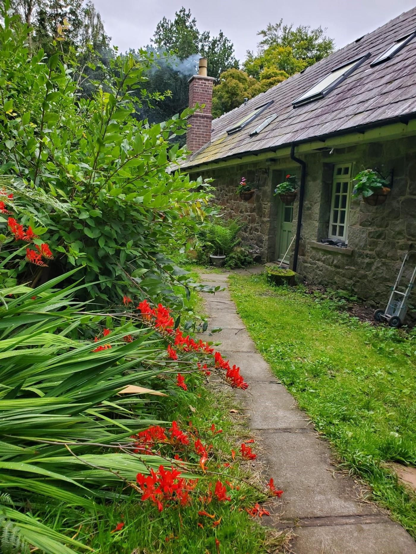 A stone cottage with a chimney, a pathway, and a garden with red flowers.