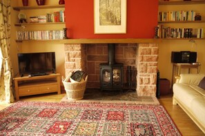 A living room with a fireplace, a television, a bookshelf, and a sofa. - 2 Bed in Dumfries (oc-d589143) (Dumfries)