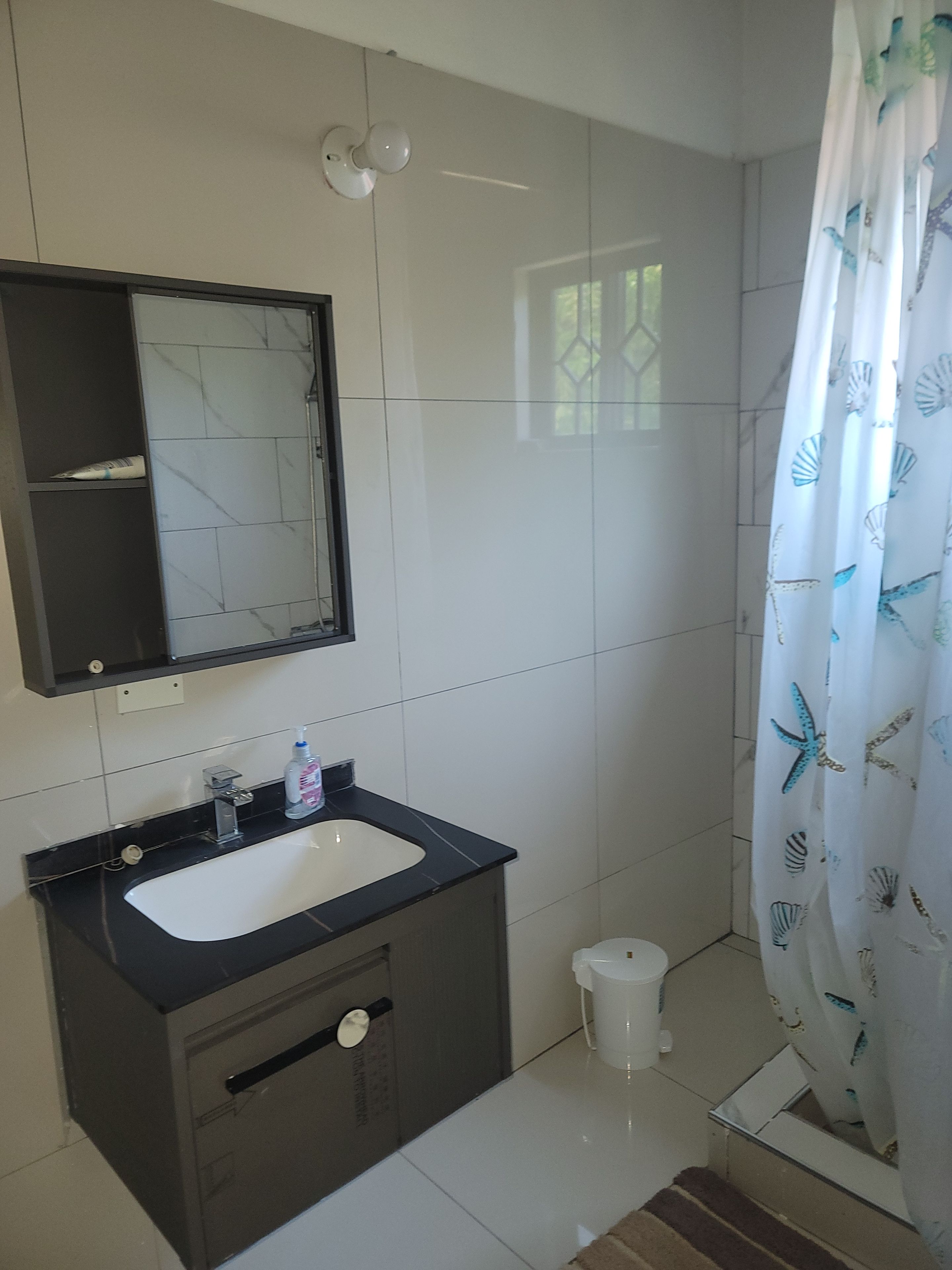 A bathroom with a white sink, dark cabinetry, a mirror, and a shower curtain with a sea shell pattern.