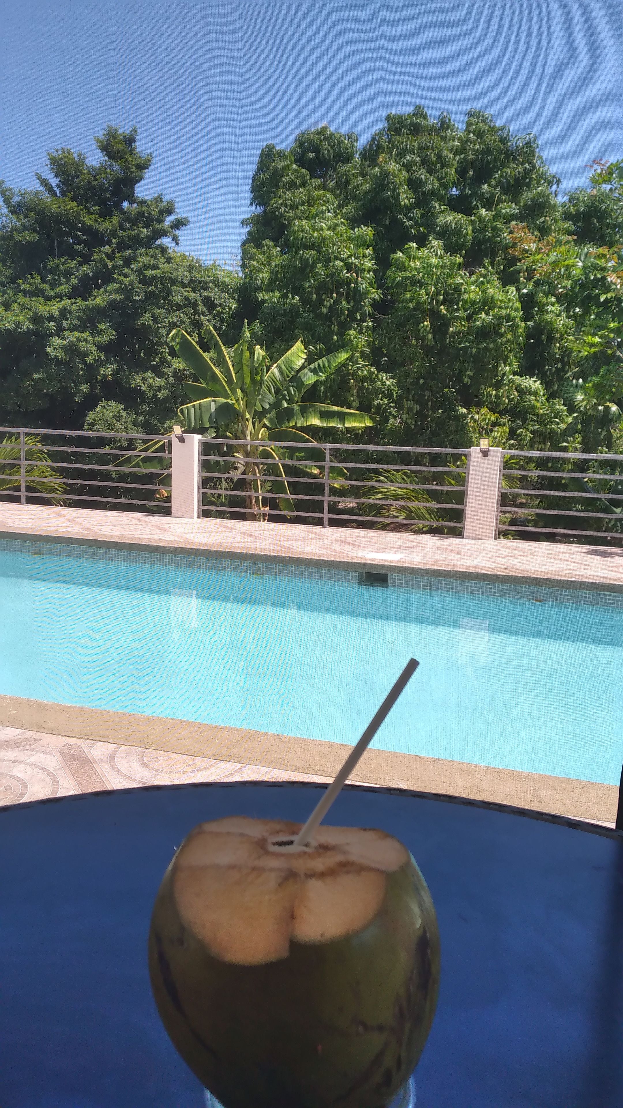 A clear blue swimming pool with a drink in the foreground.