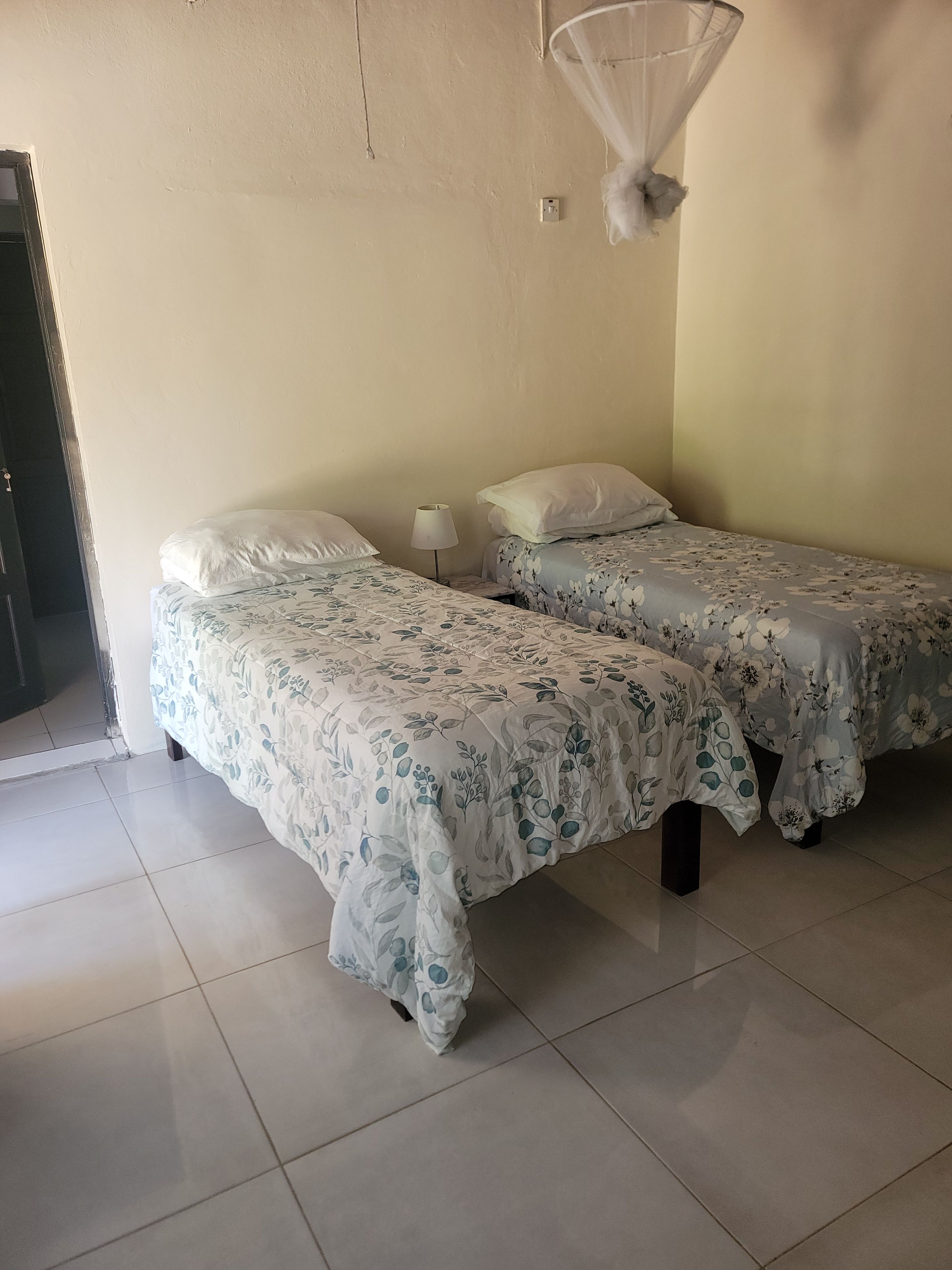 A room with two beds, each with floral bedding, a bedside table with a lamp, and a mosquito net hanging on the wall.