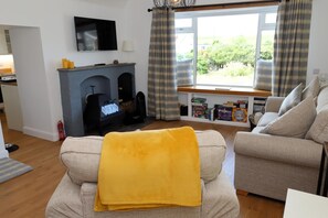 Ein Wohnzimmer mit Kamin, einem darüber montierten Fernseher und einem fenster mit Vorhängen.