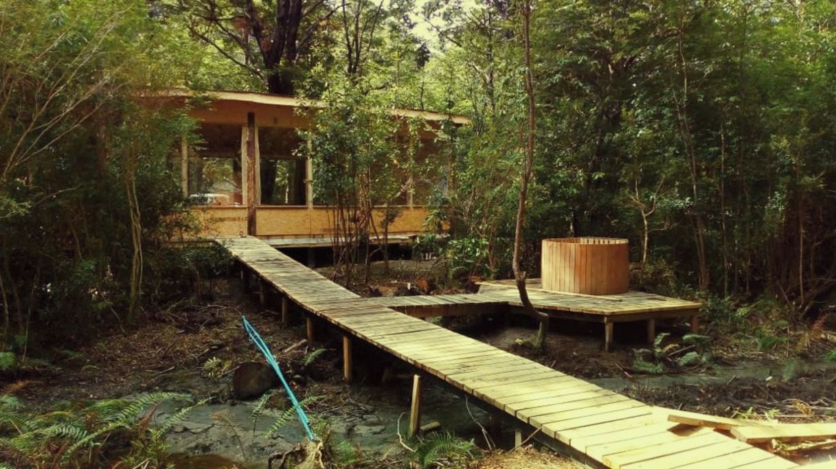 Une terrasse en bois qui mène à un bâtiment entouré d’une forêt dense.