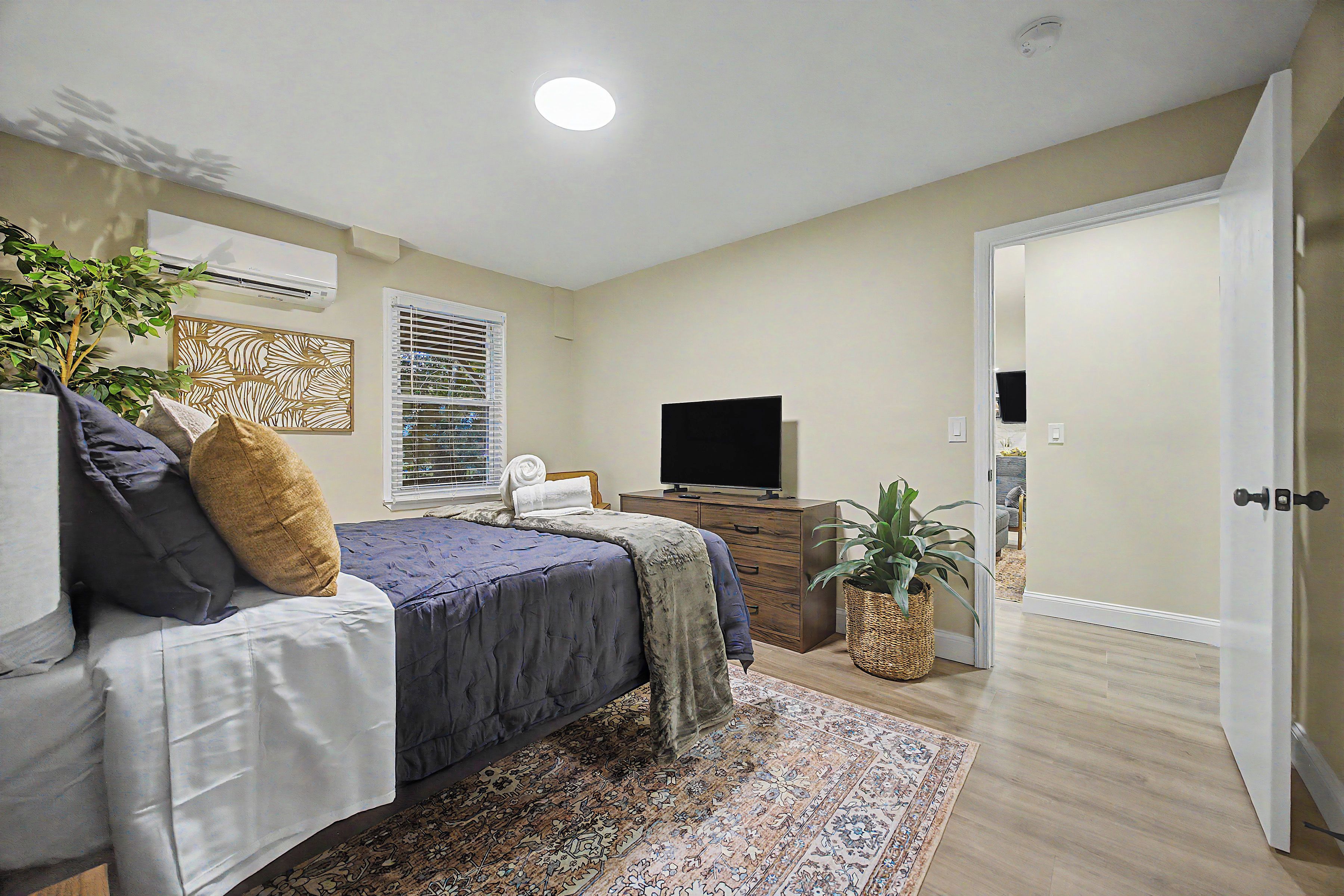 A bedroom with a bed, a television, a potted plant, and a door leading to another room.