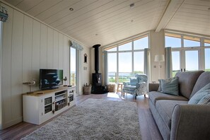 A spacious living room with a television, a fireplace, a sofa, and a view of the outdoors. - 3 Bed in Mossyard, Gatehouse Of Fleet (oc-d546163) (Gatehouse of Fleet)