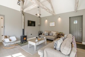 Een gezellige woonkamer met een open haard, een bank, een bijzettafeltje en een witte fauteuil.