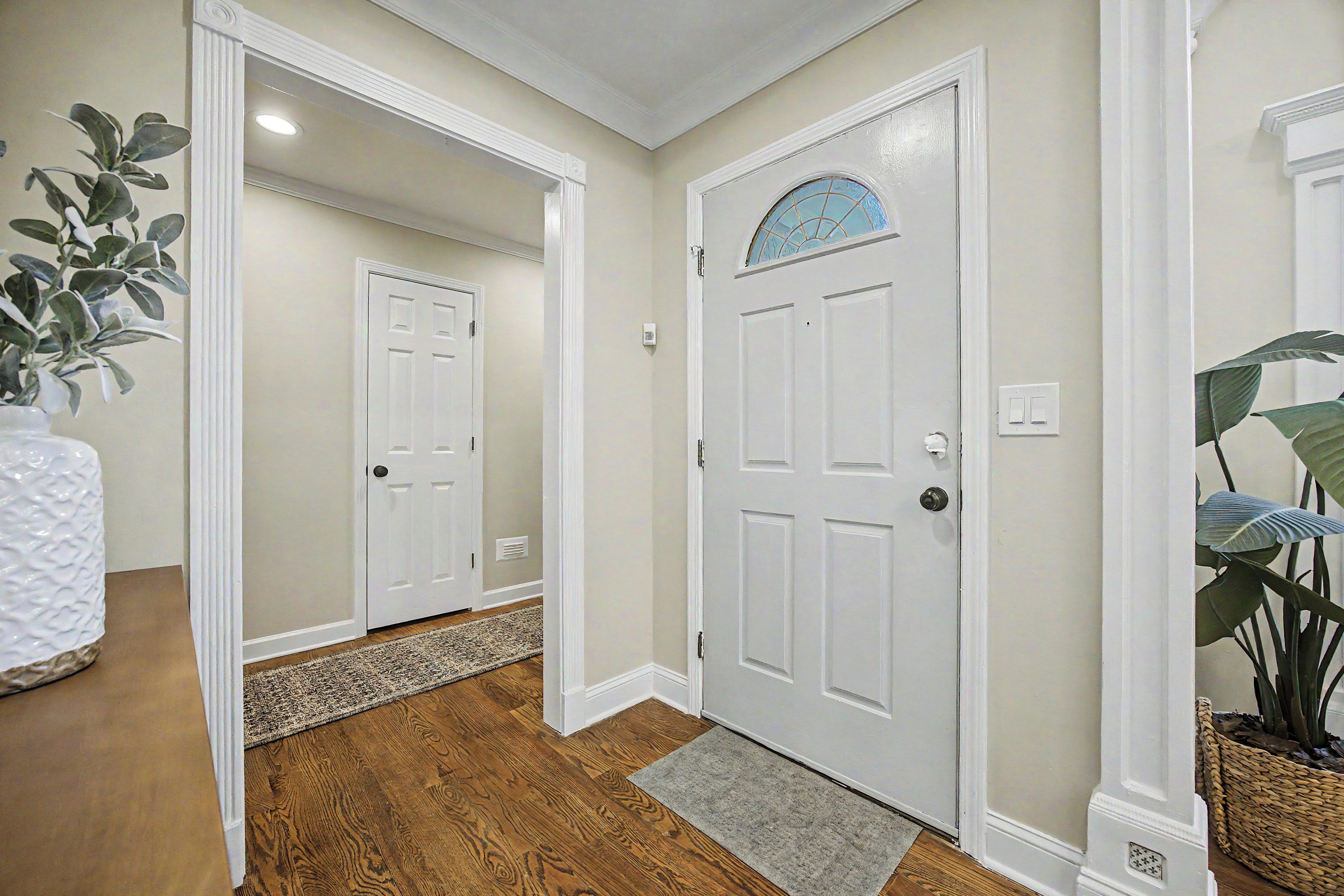 A hallway with a white door, a small rug, and a plant.