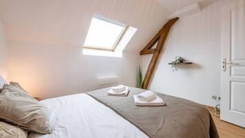 A bedroom with a skylight, a bed with a brown blanket, a bedside table with a plant, and a wooden ladder against the wall.