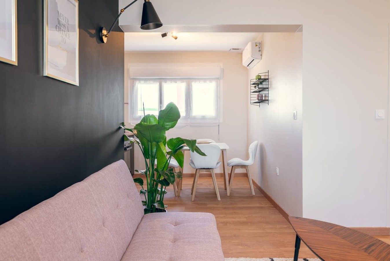 Ett modernt vardagsrum med en soffa, ett matbord med stolar och en stor växt.