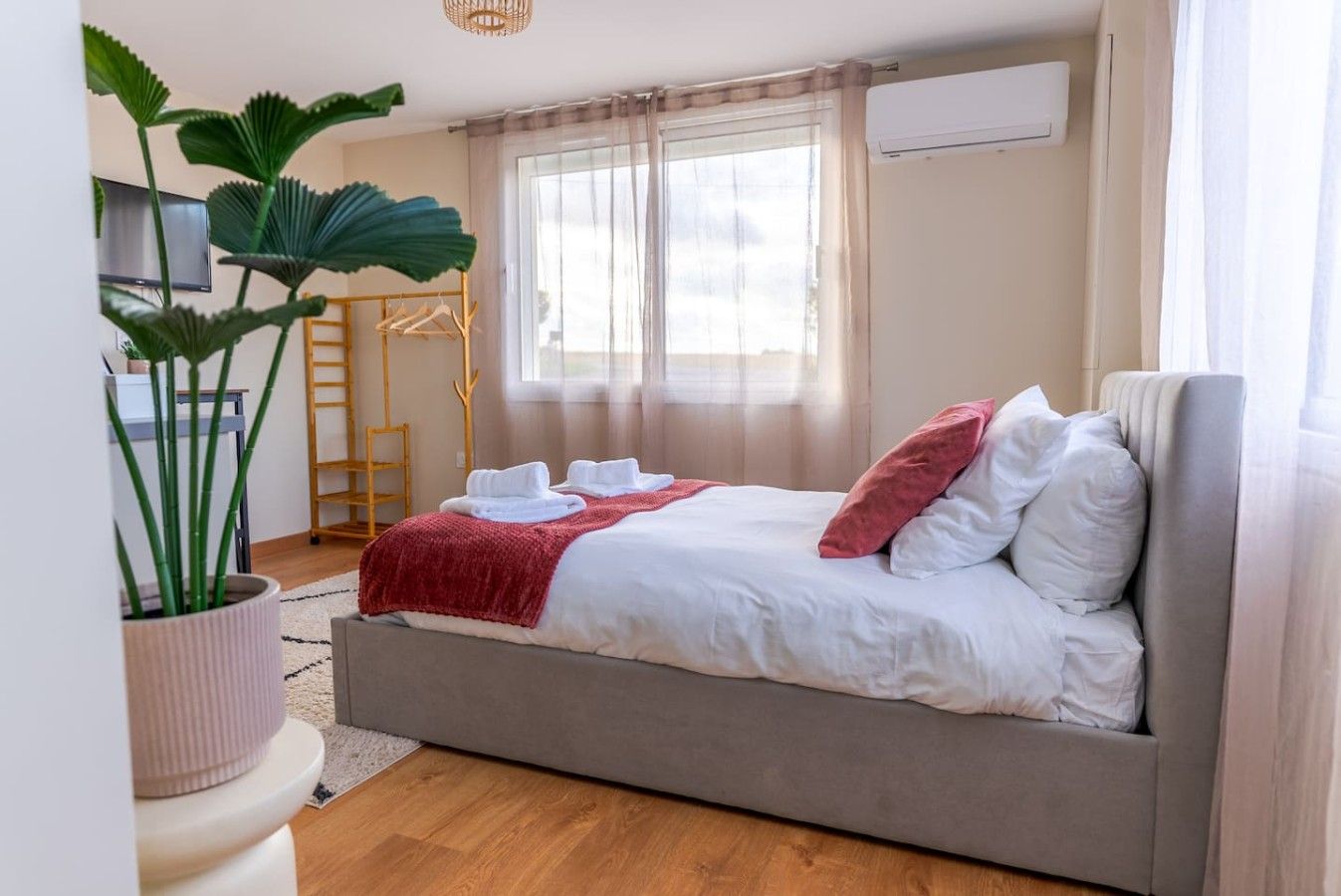 Een slaapkamer met een bed, een televisie, een plant en een raam met gordijnen.