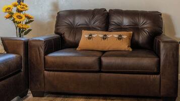 A brown leather sofa with a cushion featuring bee designs.