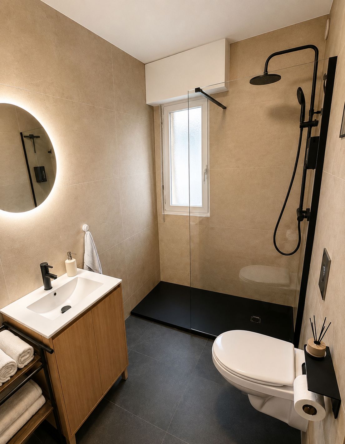 Ein modernes Badezimmer mit Dusche, Toilette und Waschbecken.