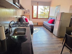Eine kleine Küche mit Spüle, Herd und Kühlschrank. Ein Sofa mit roten Kissen und ein Fenster sorgen für natürliches Licht.
