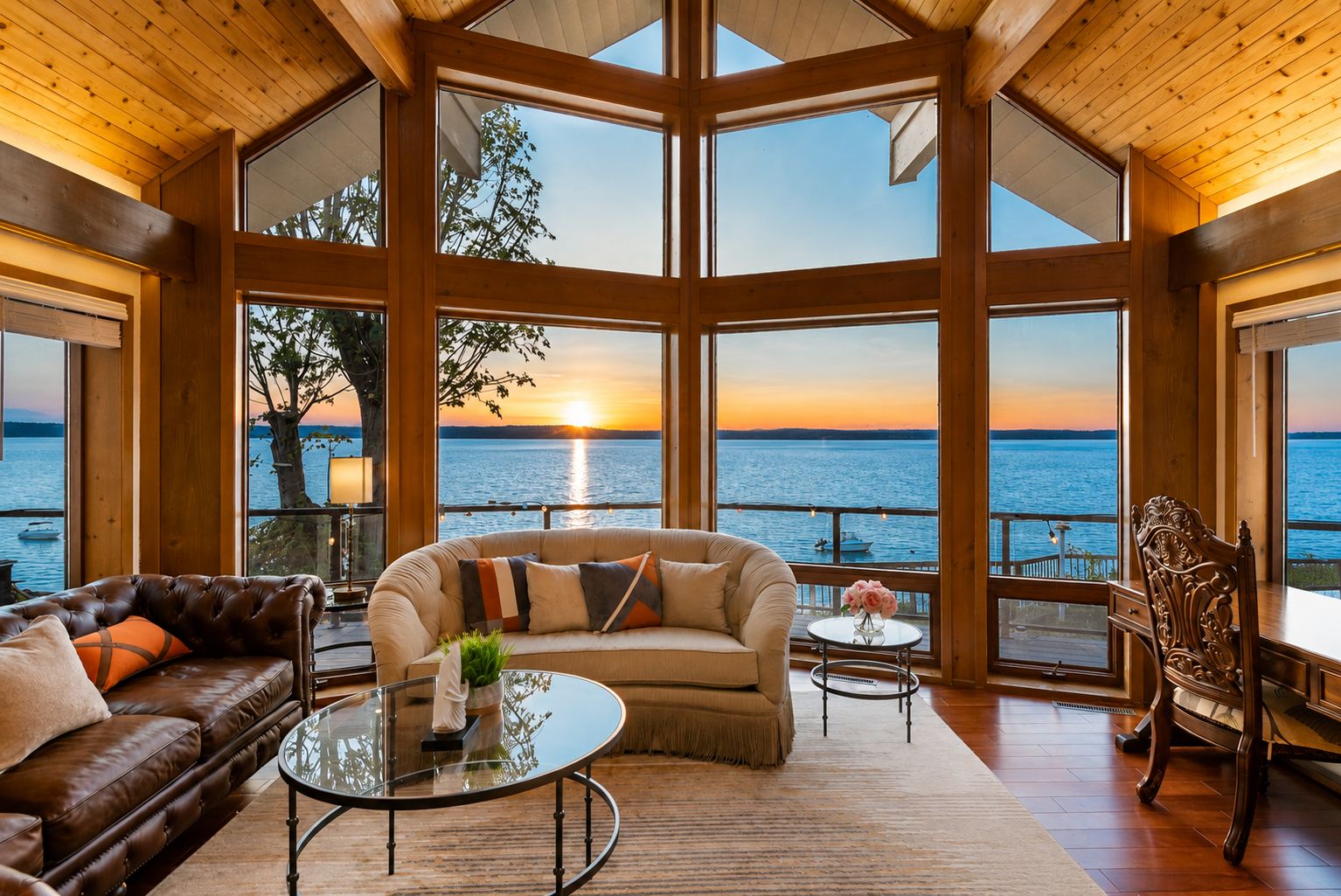 A spacious room with a large window overlooking a body of water at sunset, furnished with leather sofas and a glass coffee table.