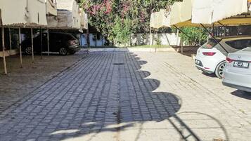 A paved courtyard with parked cars and a tree with pink flowers.