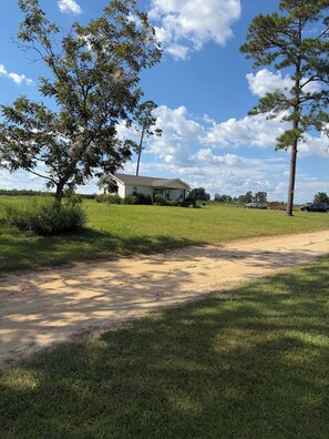 A rural property with a house, a dirt path, and surrounding greenery. - Mae Cottage Cozy 3-bedroom cottage near Douglas, GA - Pet friendly (Douglas)