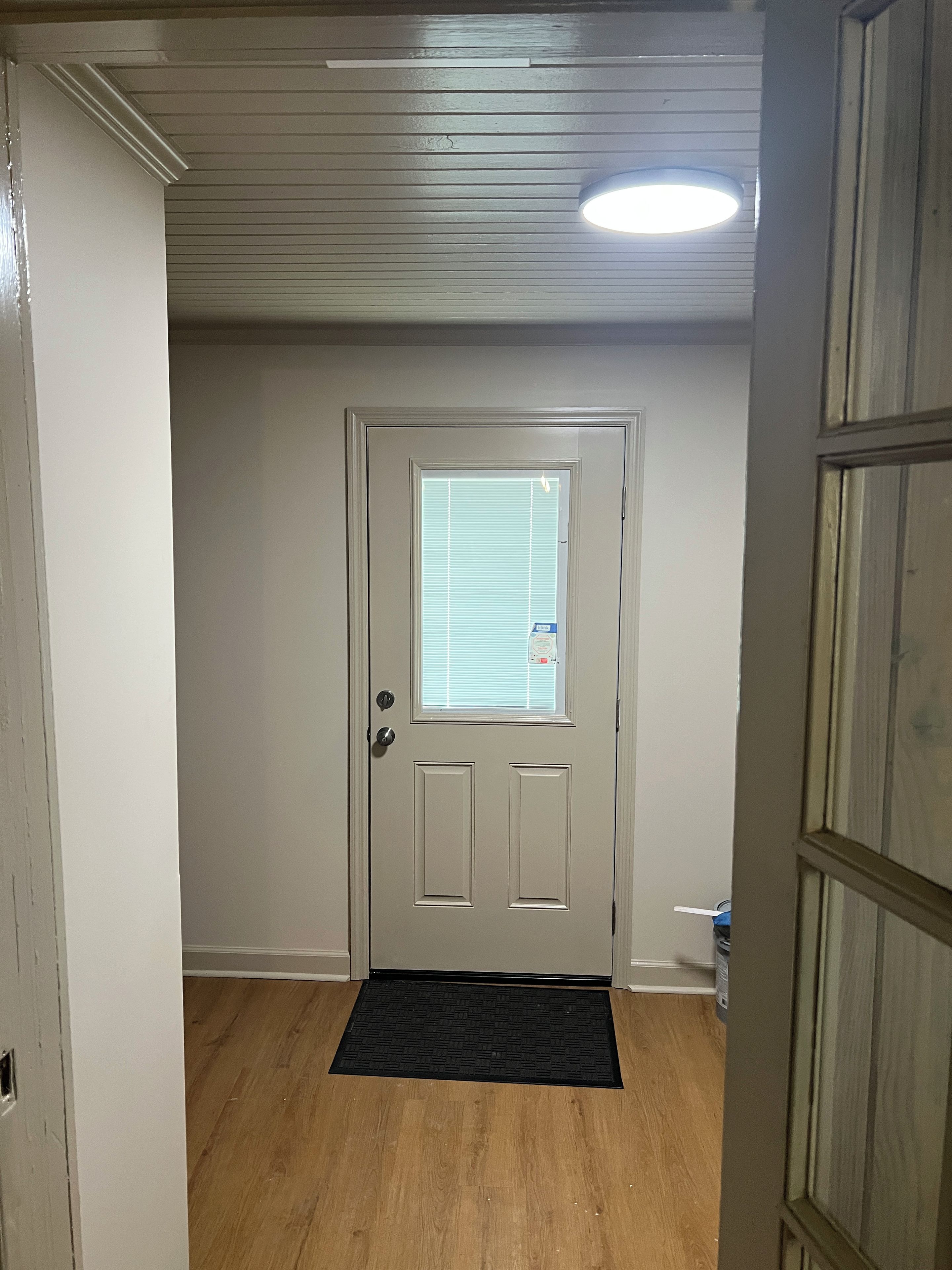A hallway with a white door, a black doormat, and a ceiling light.