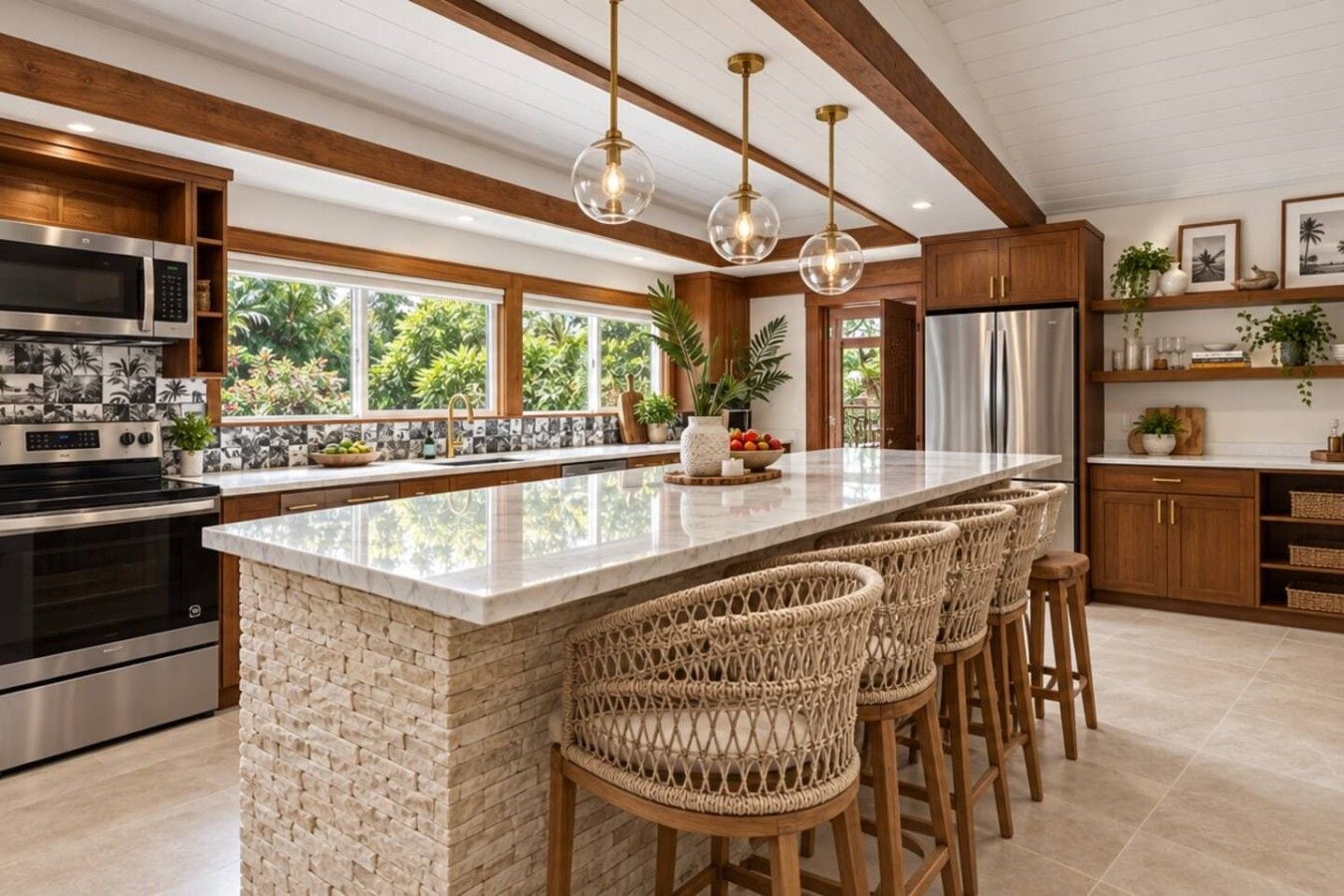 A modern kitchen with a large island, bar stools, stainless steel appliances, and a view of greenery outside.