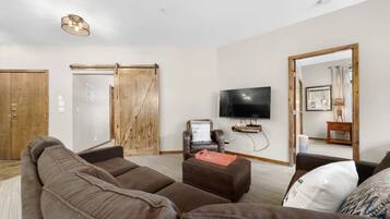 Een woonkamer met een bruine bank, een televisietoestel en een schuifdeur in boerderijstijl.