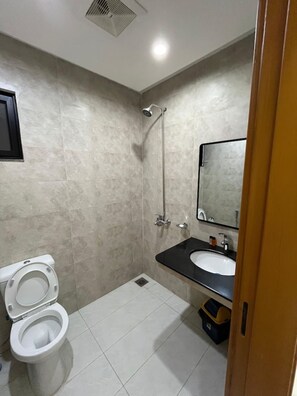 A bathroom with a toilet, sink, shower, and mirror. - Tranquil 1-bedroom apartment with AC in lively Lahore (Lahore)