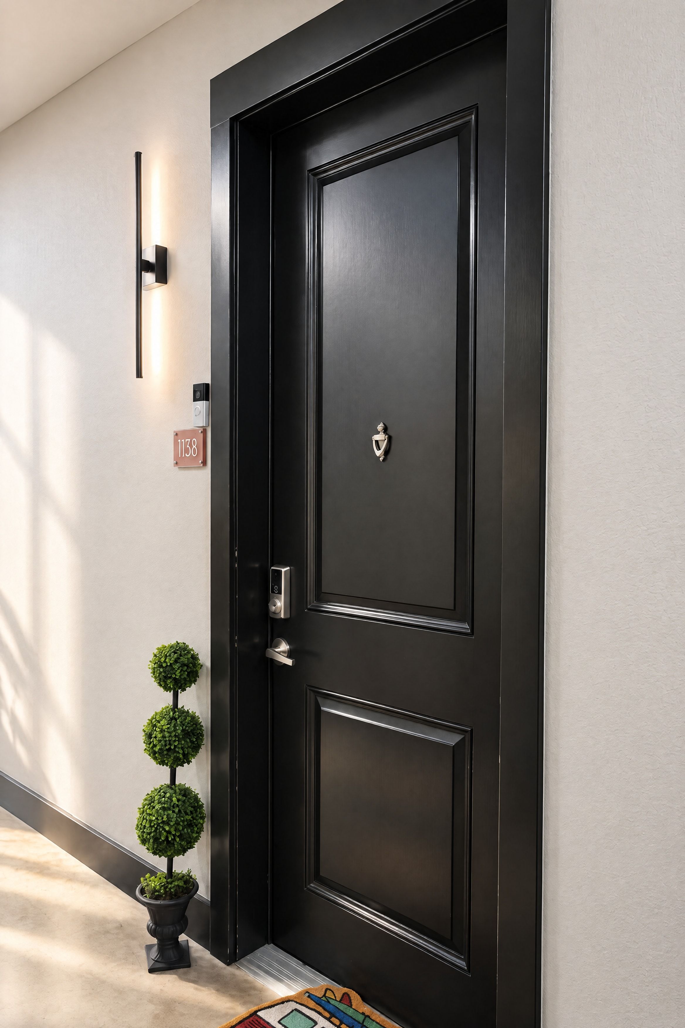 A black door with a modern handle and a small potted plant beside it.