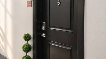 A black door with a modern handle and a small potted plant beside it.