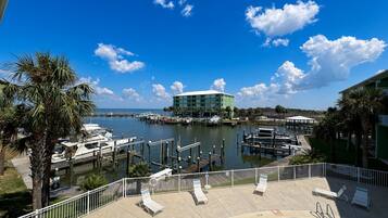 A marina with boats, a pool, and a building with a view of the water.