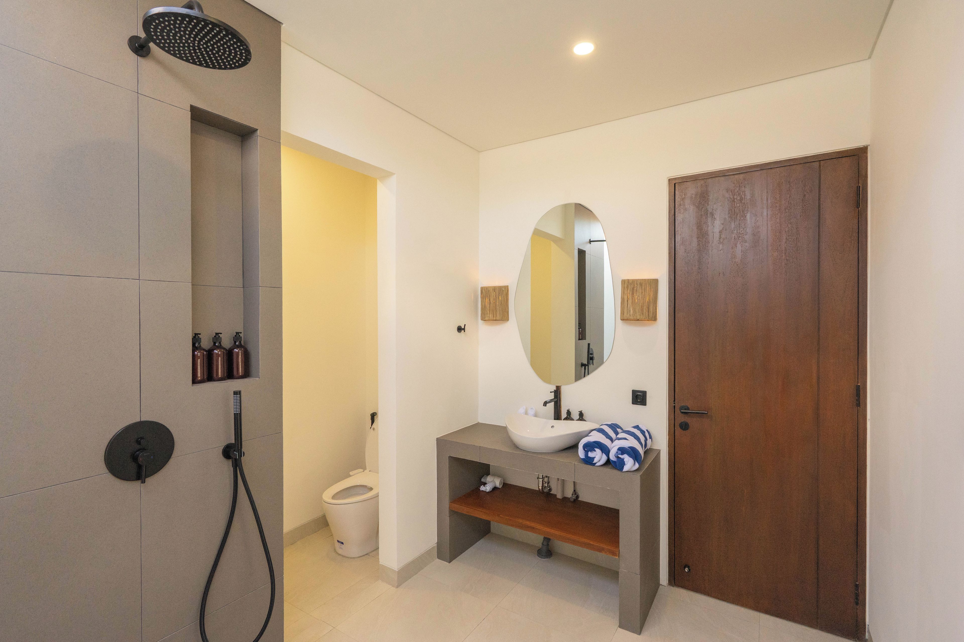 Une salle de bain avec douche, toilettes, lavabo et une porte en bois.