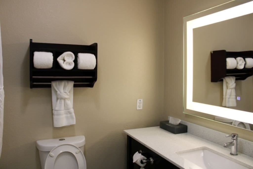A bathroom with a toilet, sink, mirror, and towel rack.