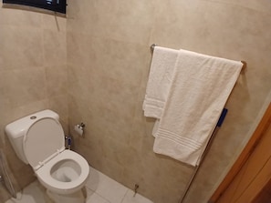 A bathroom with a toilet, a towel rack with two towels, and a shower area.