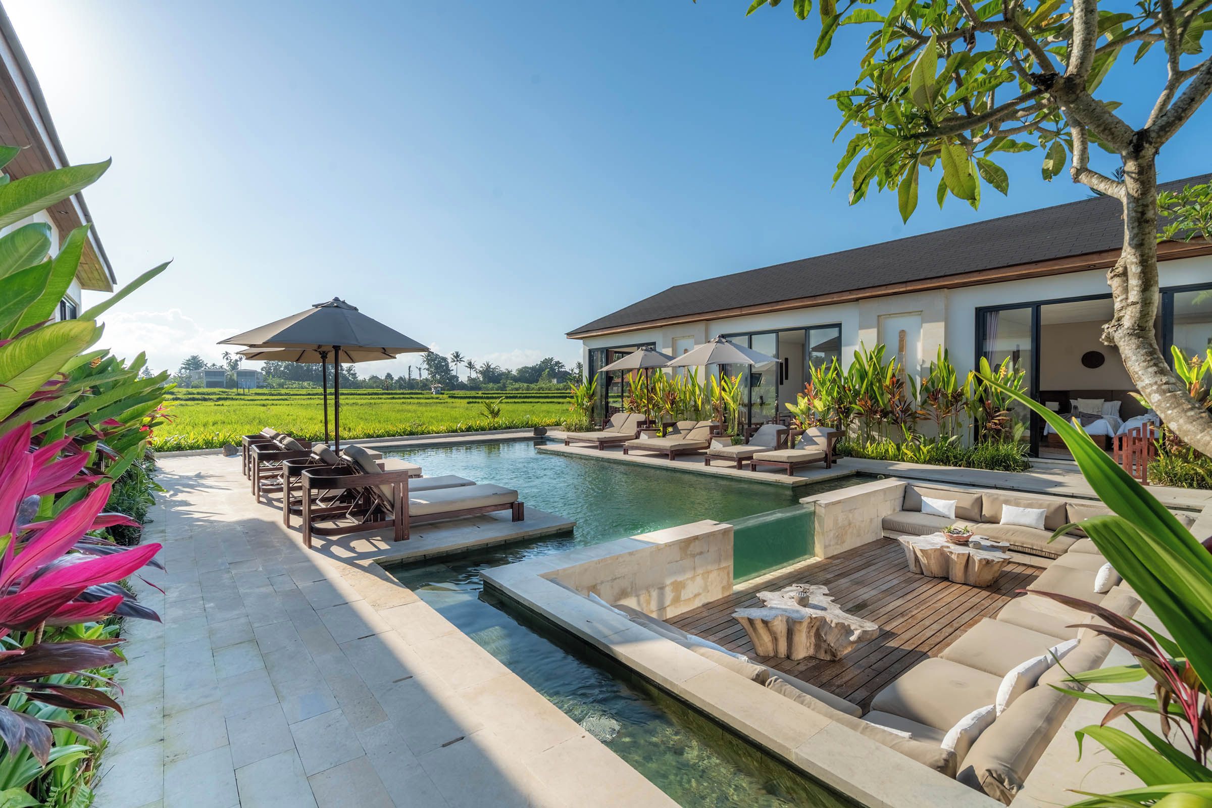 A pool area with lounge chairs, a small pool, and a view of a green field.