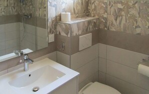 Une salle de bain avec un lavabo blanc, un miroir, des toilettes et un espace douche.
