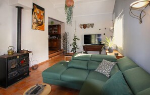 A living room with a green sofa, a television, a fireplace, and a painting of a tiger. - Stunning home in Le Teil with private swimming pool, can be inside or outside (Le Teil)
