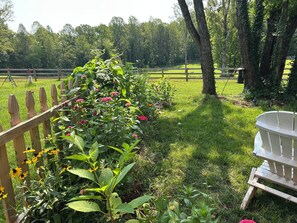 Ein Garten mit Holzpforte, einer Bank und verschiedenen Pflanzen.