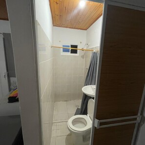 A small bathroom with a toilet, a sink, and a shower area.