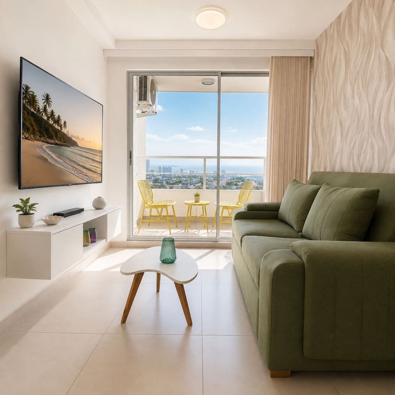 A modern living room with a green sofa, a flat-screen TV, a small table with a vase, and a balcony with yellow chairs.