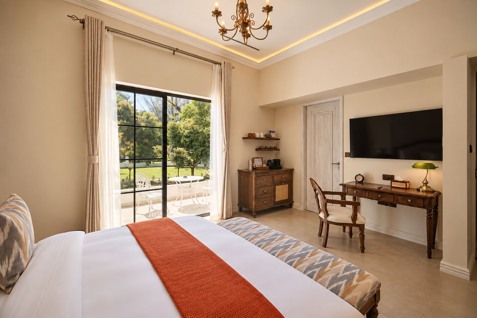 A hotel room with a large bed, a desk with a chair, a television, and a view of a garden through a sliding door.