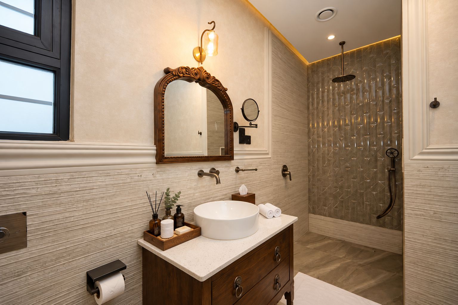 Un baño moderno con un espejo grande, tocador y zona de ducha.