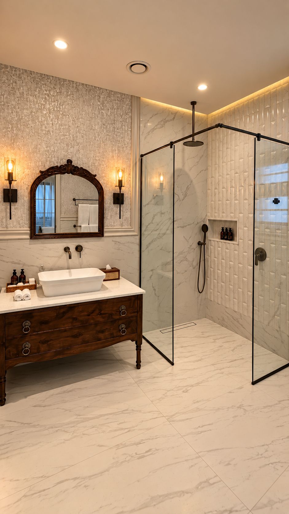Un baño moderno con ducha envuelta en vidrio, suelo de mármol, tocador de madera con un espejo grande y luces empotradas.