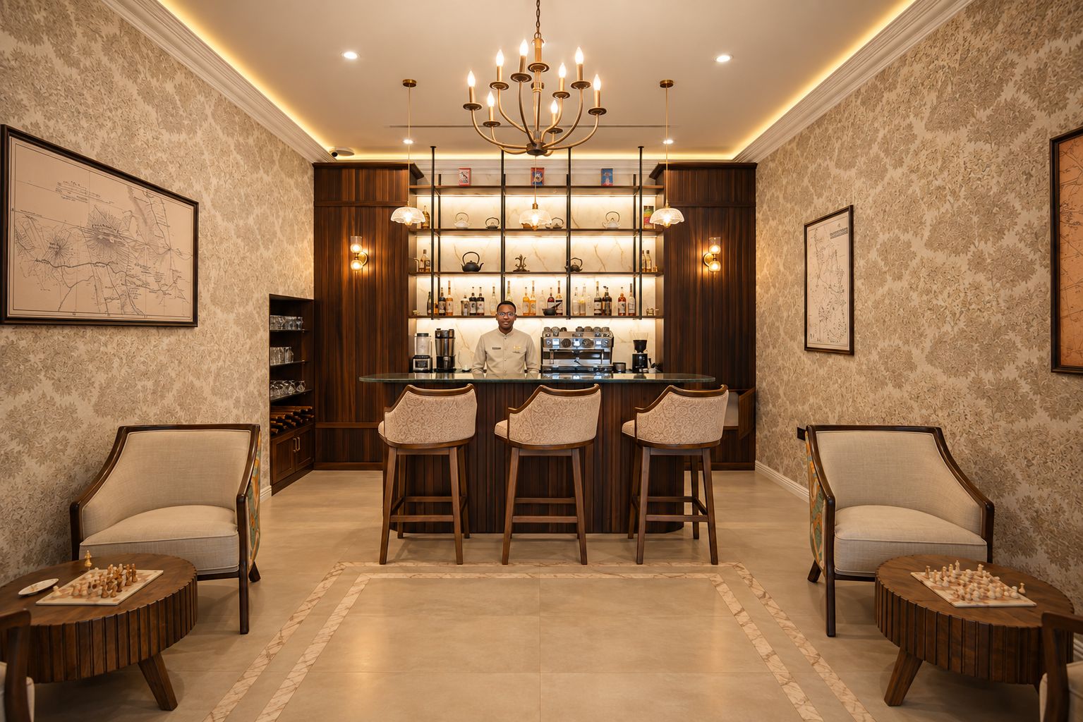Zona de bar con mostrador, taburetes y un cantinero.