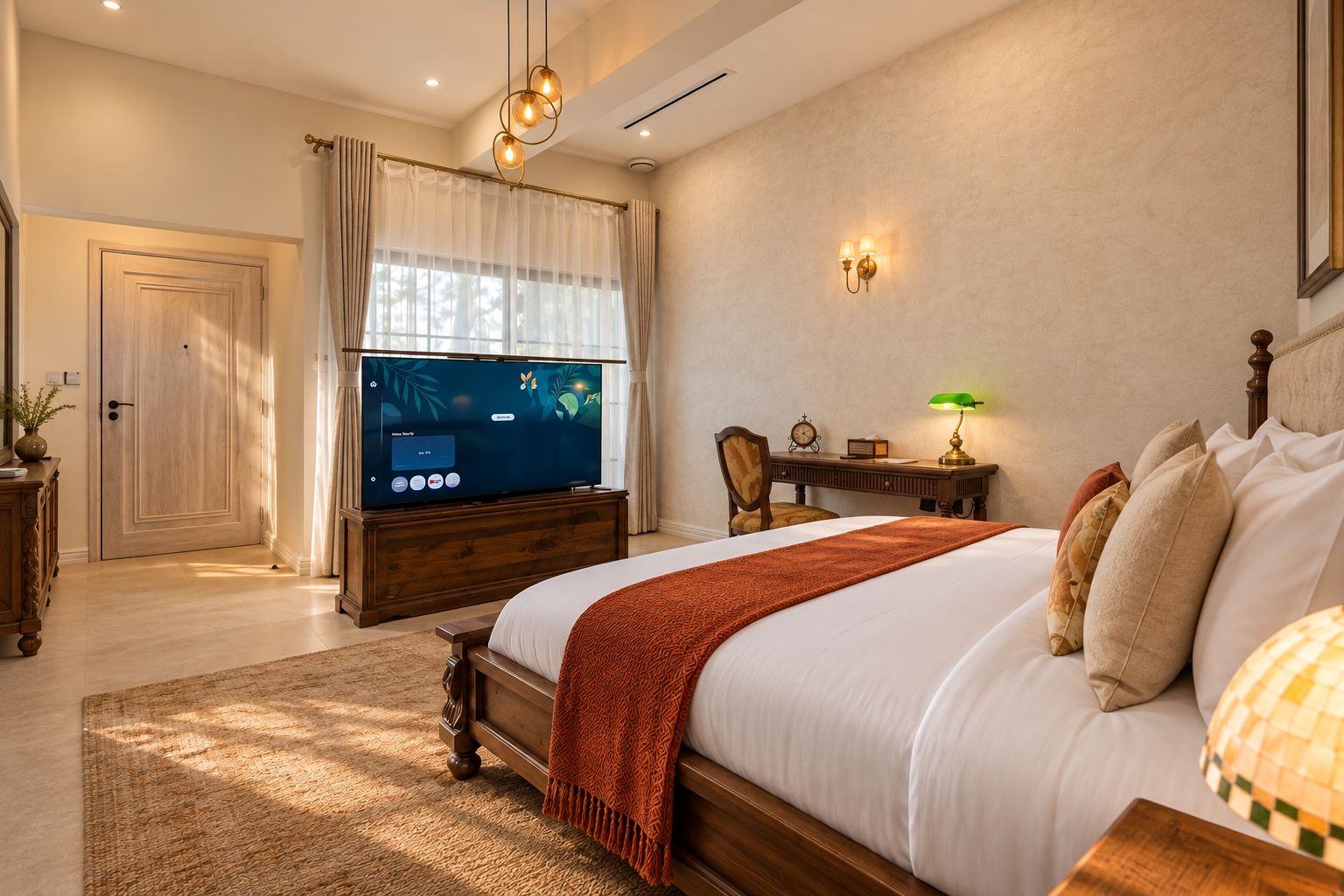 A hotel bedroom with a large bed, a television, a desk with a lamp, and a chair.