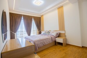 A modern bedroom with a wooden bed, bedside tables, and a large window with curtains. - Spacious 3BR, 2BA with city views, Wi-Fi, laundry, kitchen & elevator. (Addis Ababa)