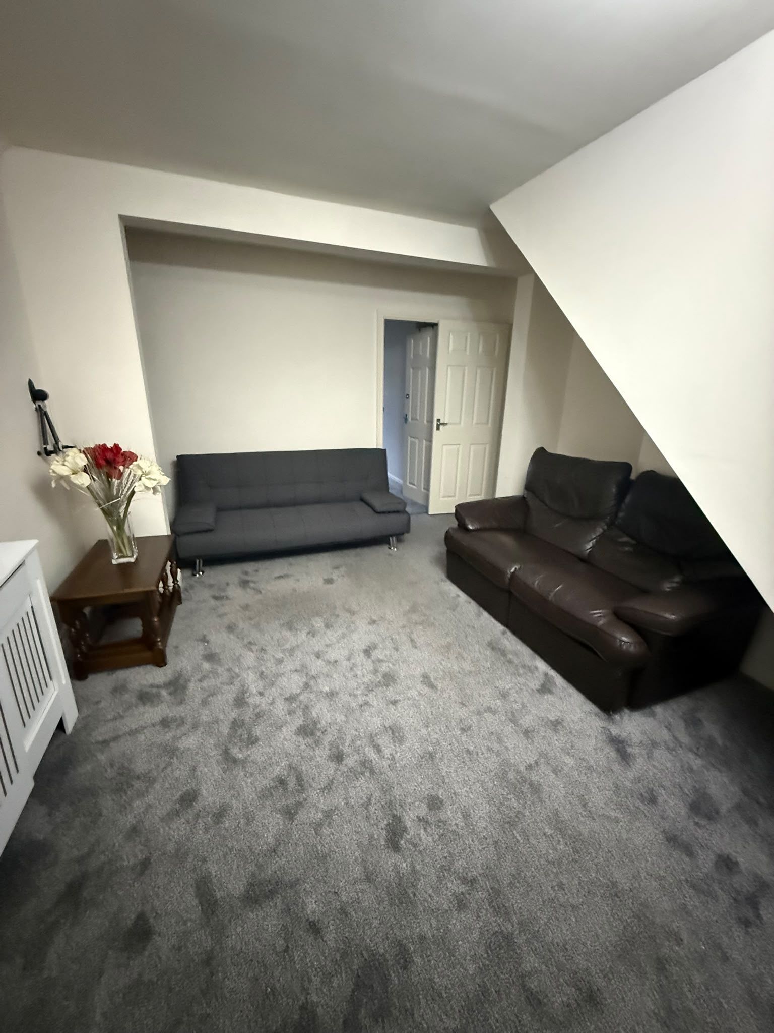 A living room with a grey carpet, two sofas, a small wooden table with a vase, and a white door.