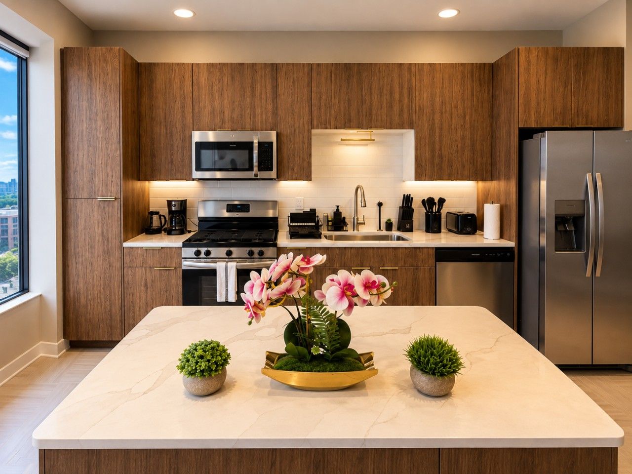 Una cocina moderna con armarios de madera, electrodomésticos de acero inoxidable y encimera de mármol.