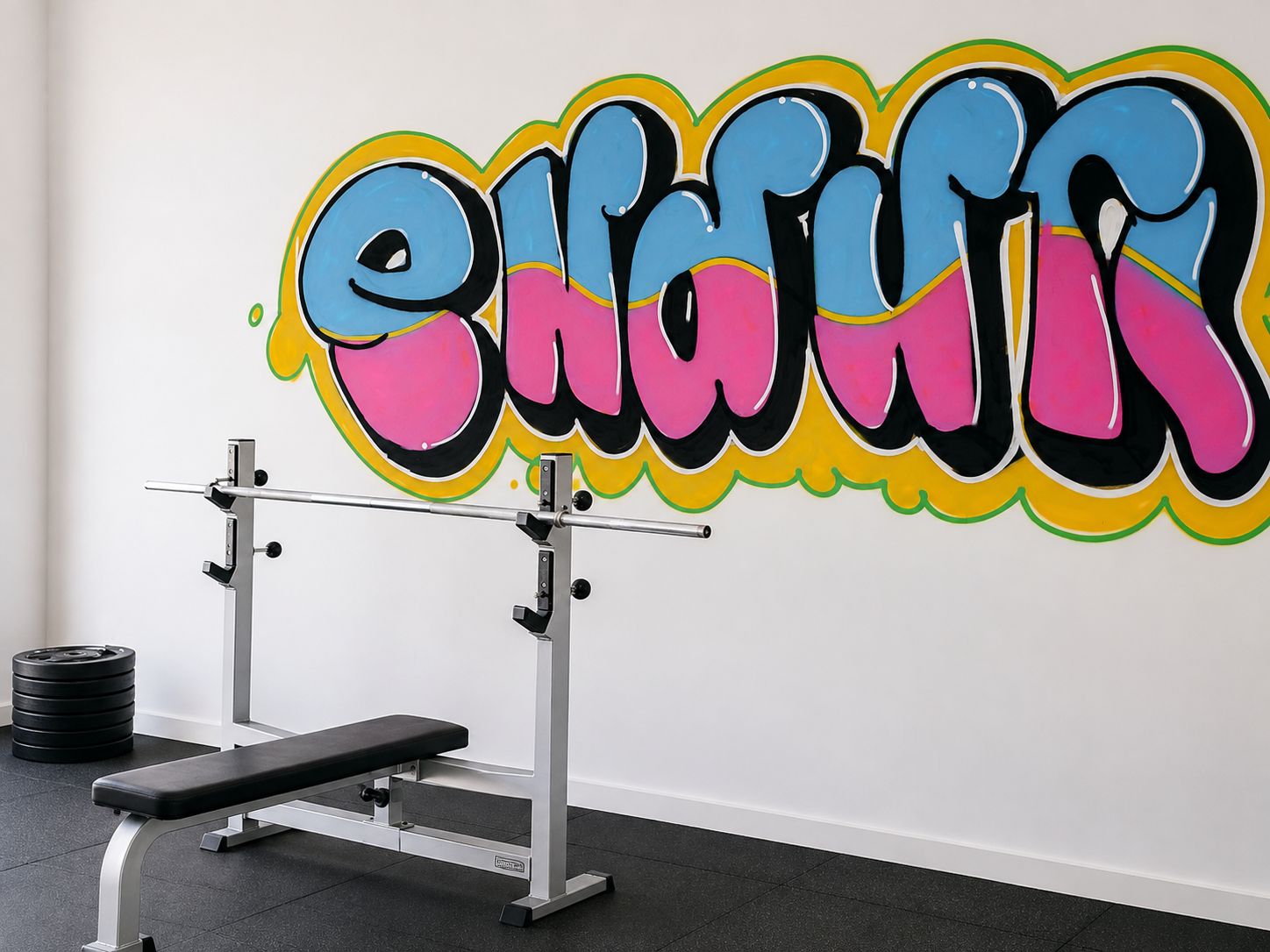 A gym with a bench and weightlifting equipment, a wall with graffiti art, and a stack of black weights.