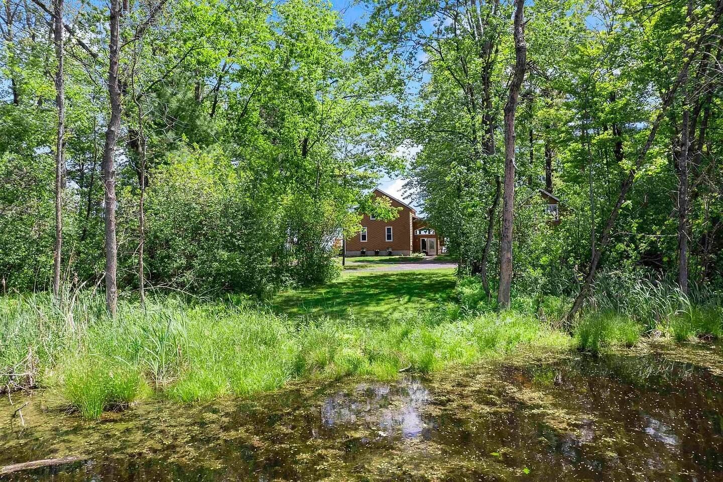 A house surrounded by dense trees and a body of water.