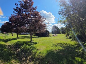 A grassy area with a small wooden structure, possibly a shed, surrounded by trees. - Stay Cozy Orchard (Clarington)
