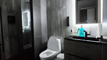 Un baño moderno con ducha a ras de suelo, inodoro y zona de lavabo.